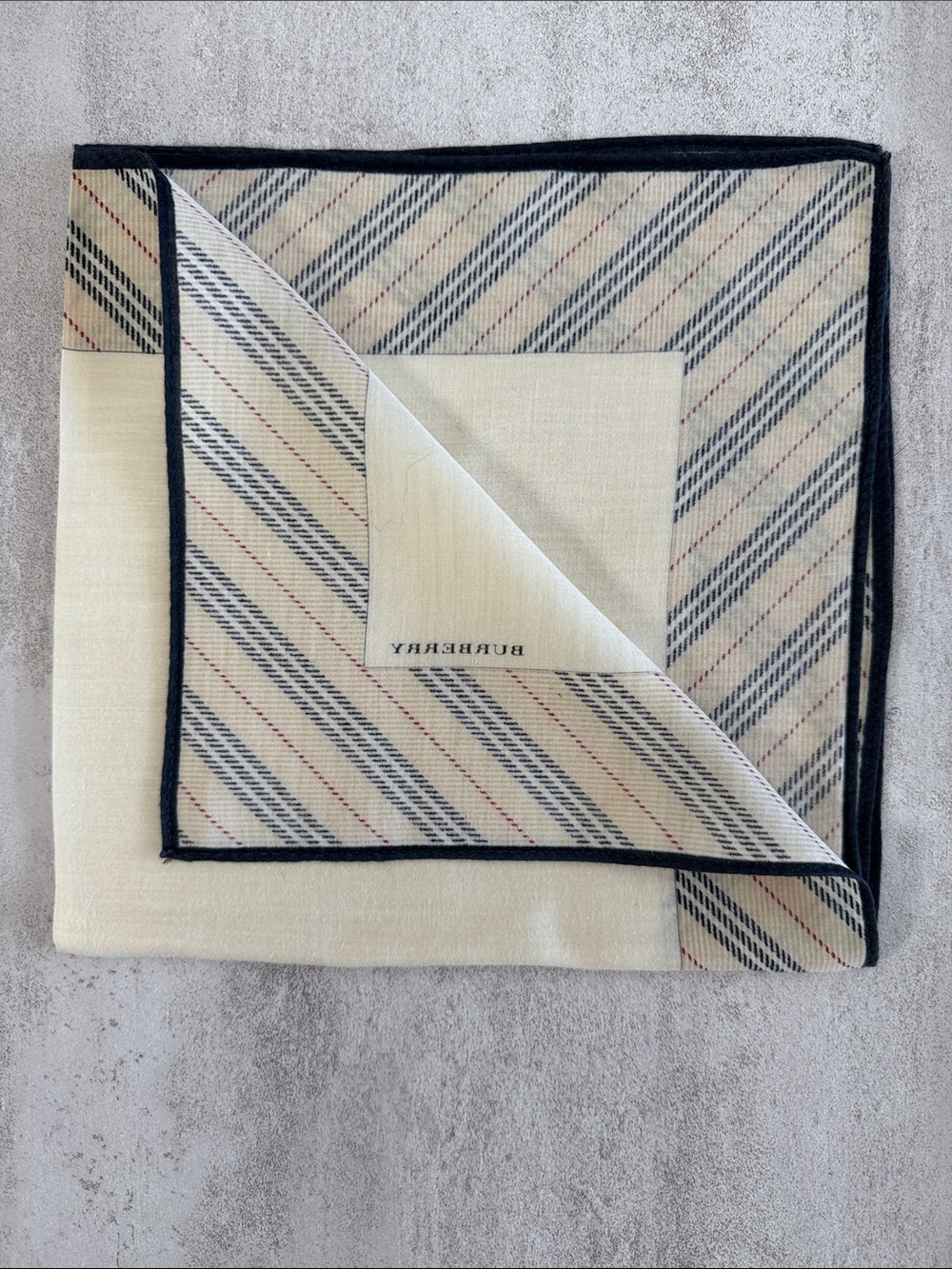 Burberry Cream Center Striped Beige & Black Border cotton Pocket Square - Picture 4 of 4